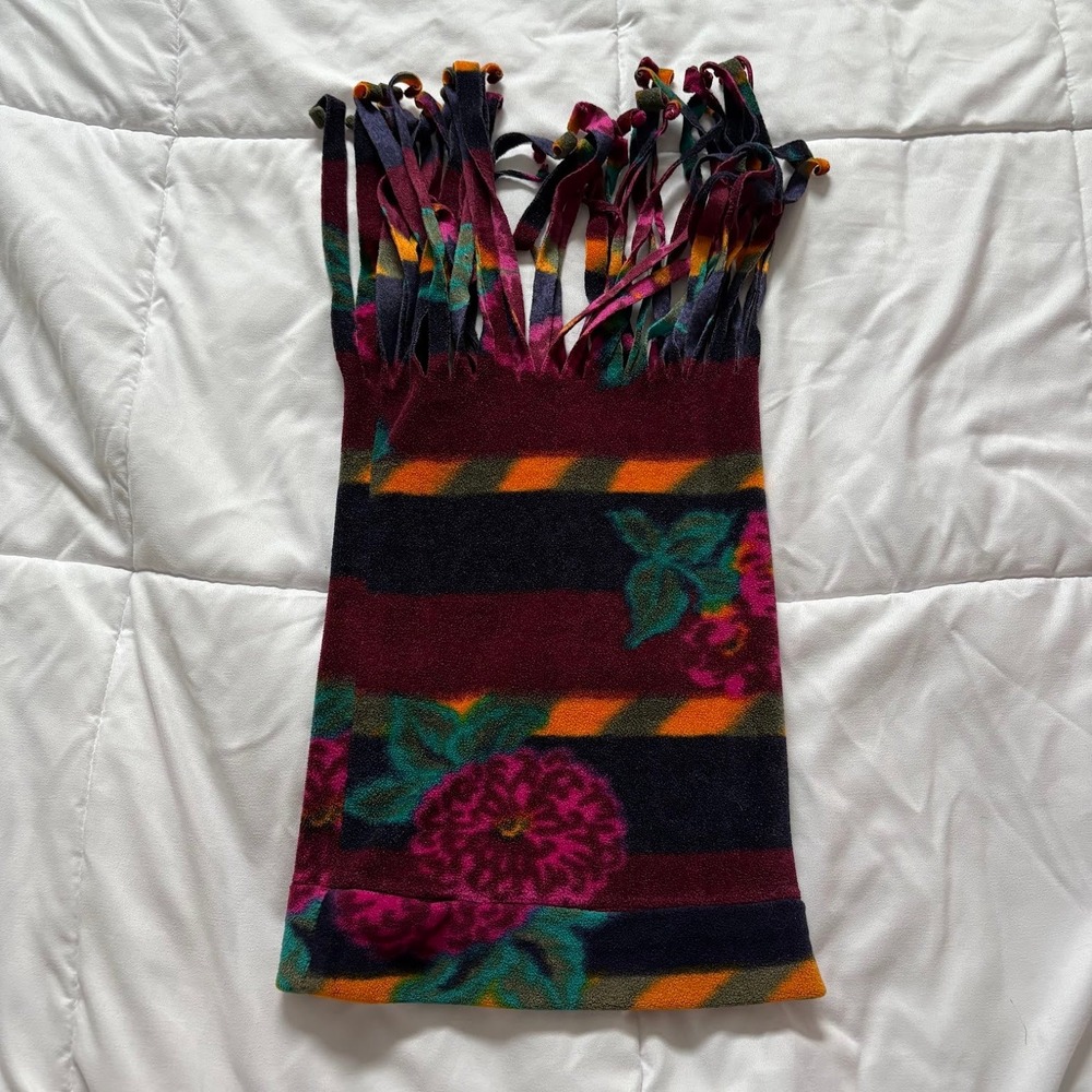 Vintage Floral Striped Fleece Scarf Burgundy Navy Orange Fringe Neck Warmer